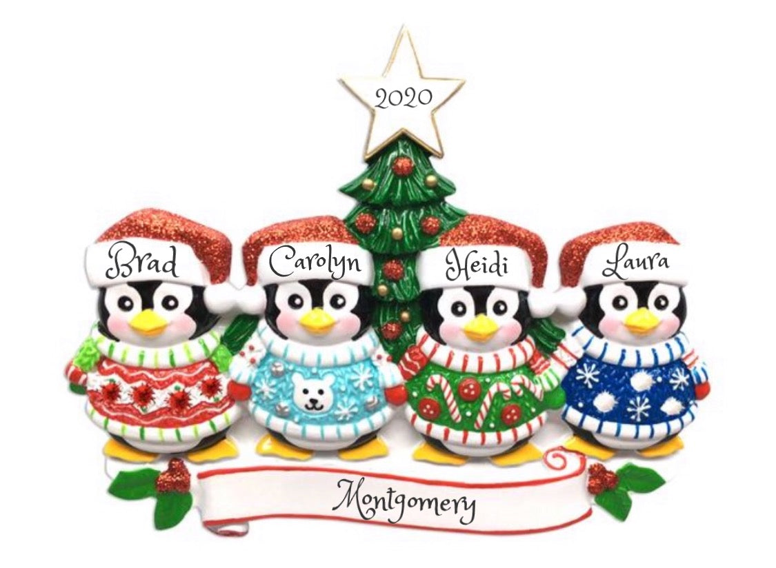 Personalized Christmas Table Topper Penguin Tree Family of 4 Free Shipping  