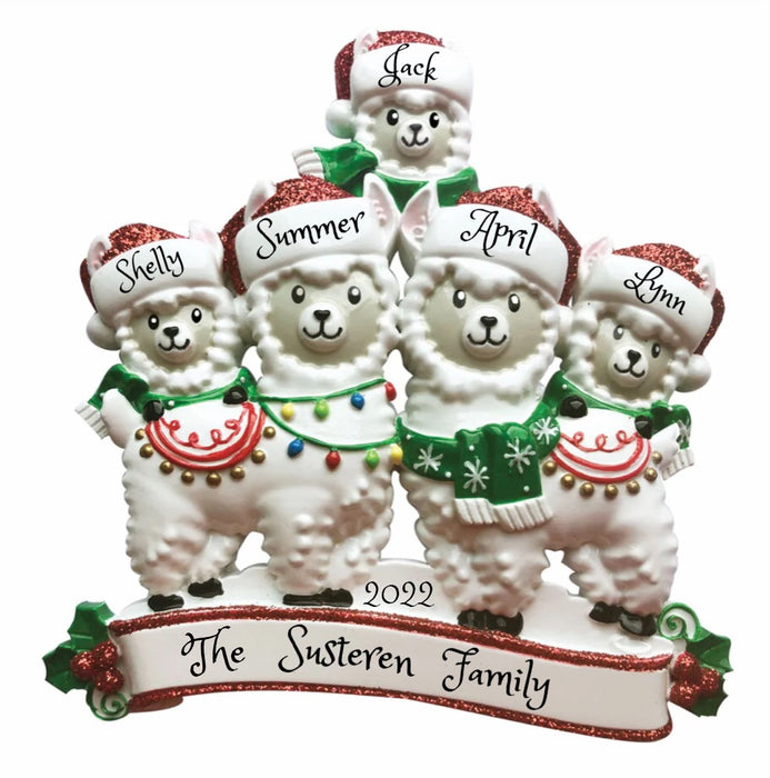 Llama Alpaca Family of 5 Personalized Christmas Ornament