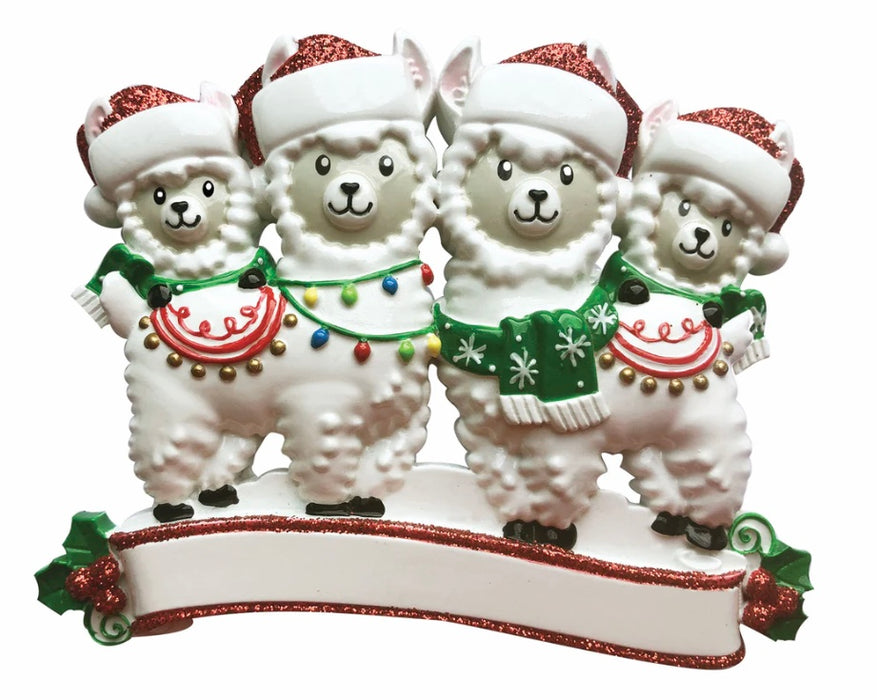 Llama Alpaca Family of 4 Personalized Christmas Ornament