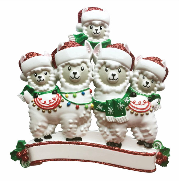 Llama Alpaca Family of 5 Personalized Christmas Ornament