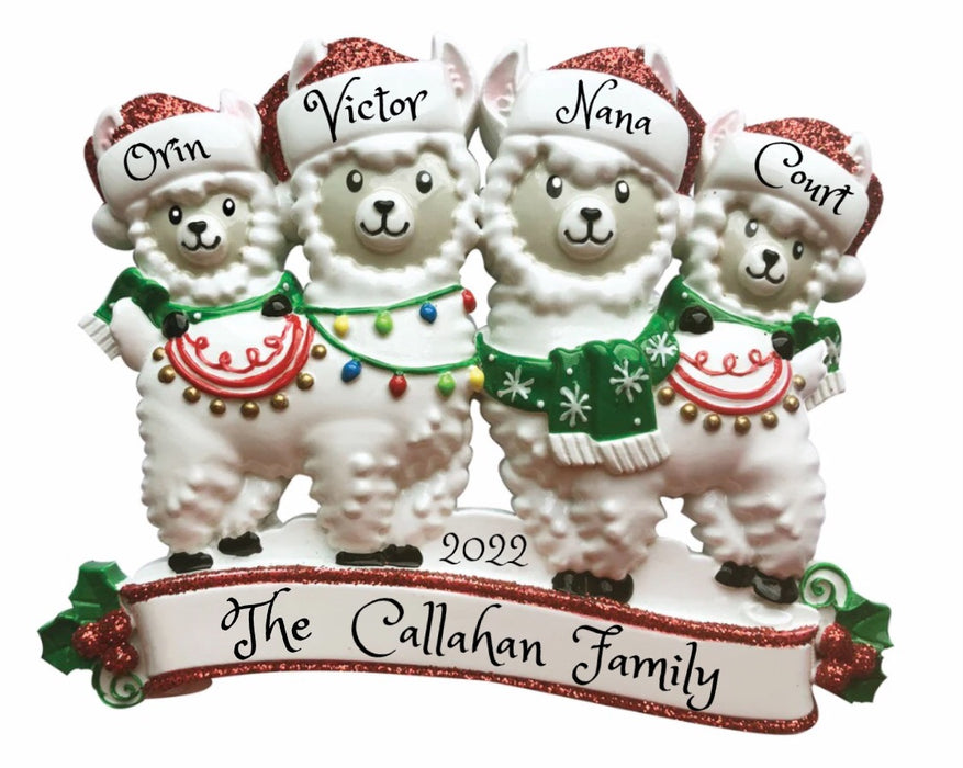 Llama Alpaca Family of 4 Personalized Christmas Ornament